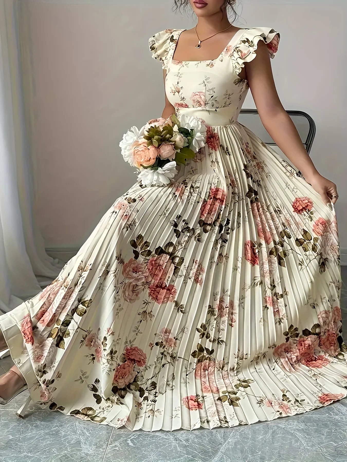 Elegant Beige Floral Pleated Midi Dress with Ruffle Square Neck and