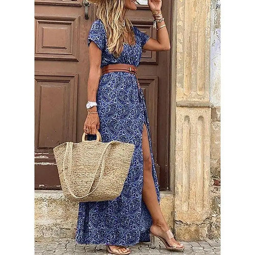 Elegant Floral Pleated H shaped Midi Dress Female V Neck Puff Sleeve