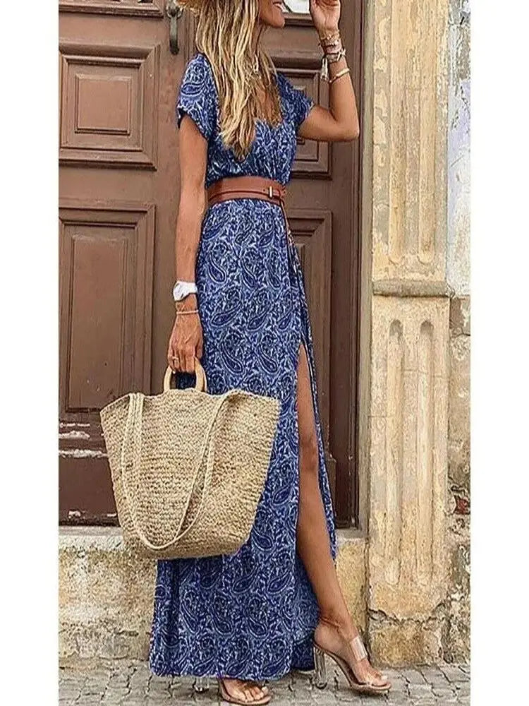 Elegant Floral Pleated H shaped Midi Dress Female V Neck Puff Sleeve