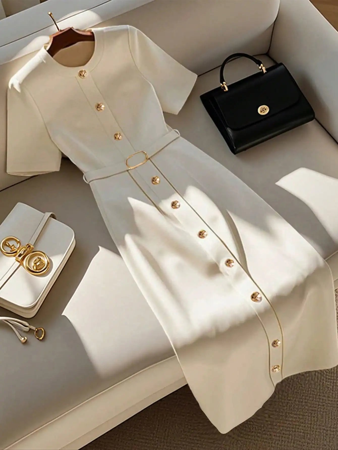 Blusa de senhora elegante, simples, com decote redondo, abotoamento simples e manga curta. Cinto.