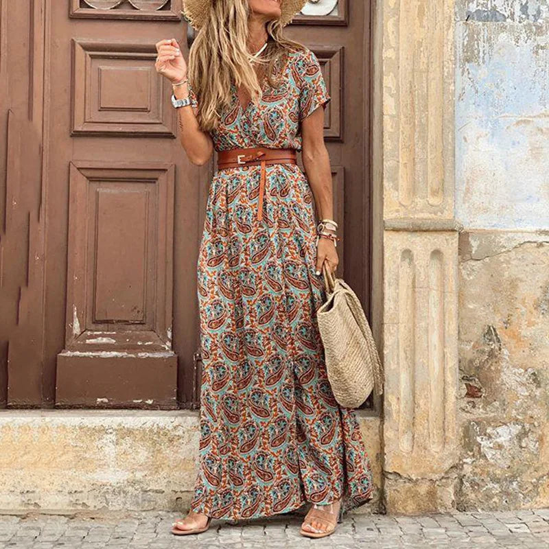 Elegant Floral Pleated H shaped Midi Dress Female V Neck Puff Sleeve