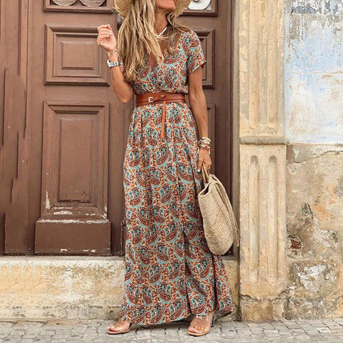 Elegant Floral Pleated H shaped Midi Dress Female V Neck Puff Sleeve