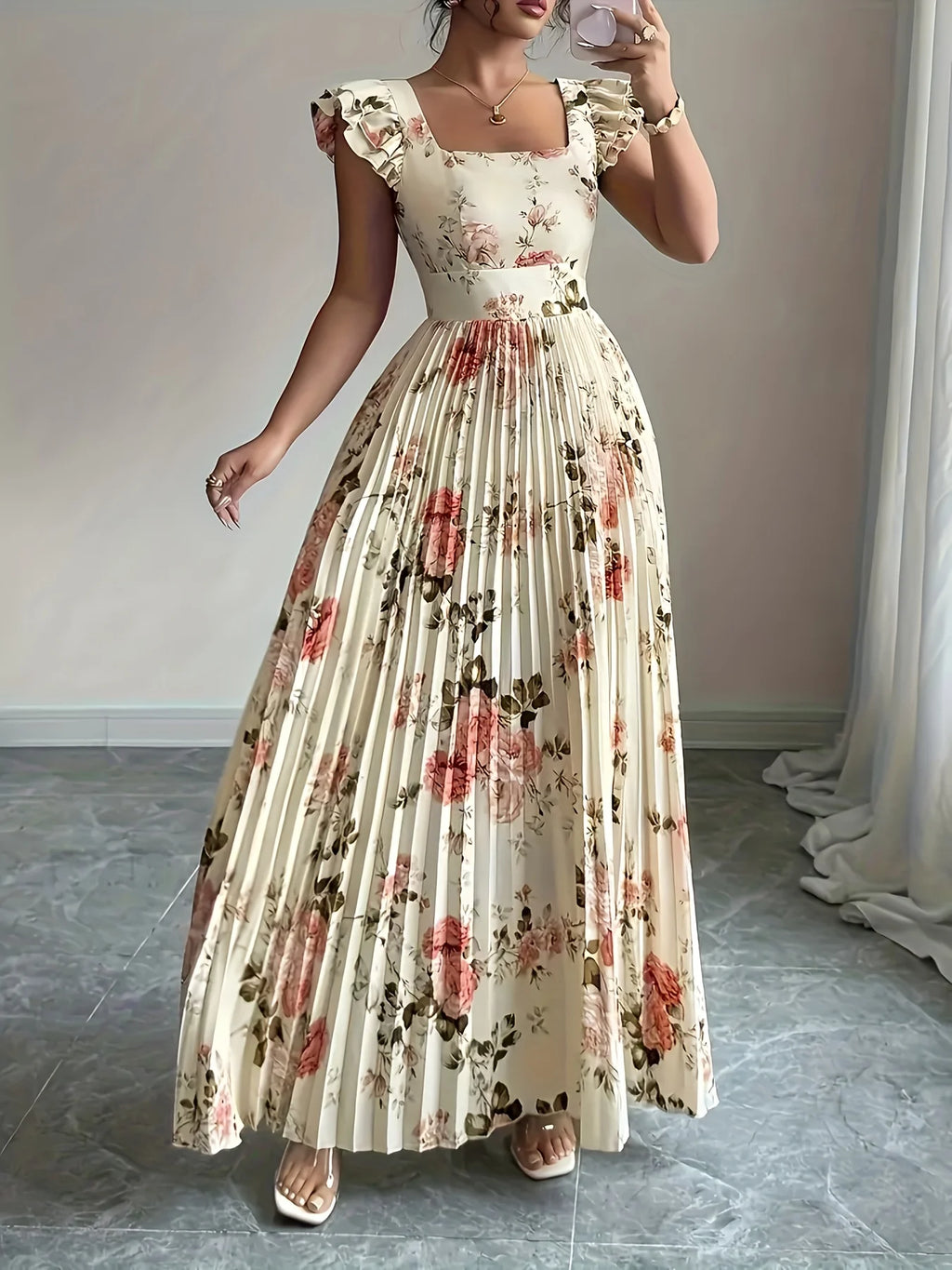 Vestido midi plissado floral bege elegante com decote quadrado com folhos e