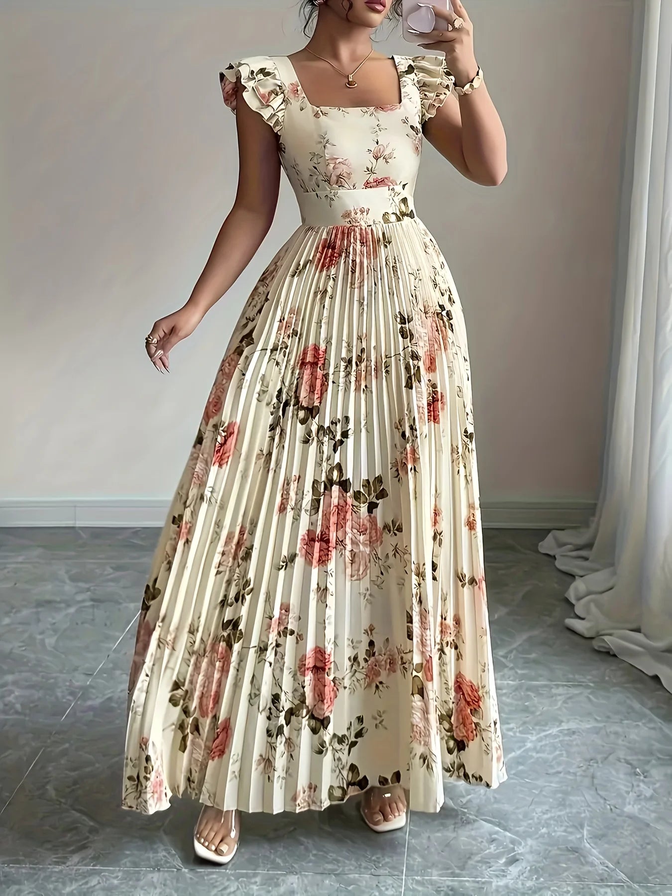 Elegant Beige Floral Pleated Midi Dress with Ruffle Square Neck and