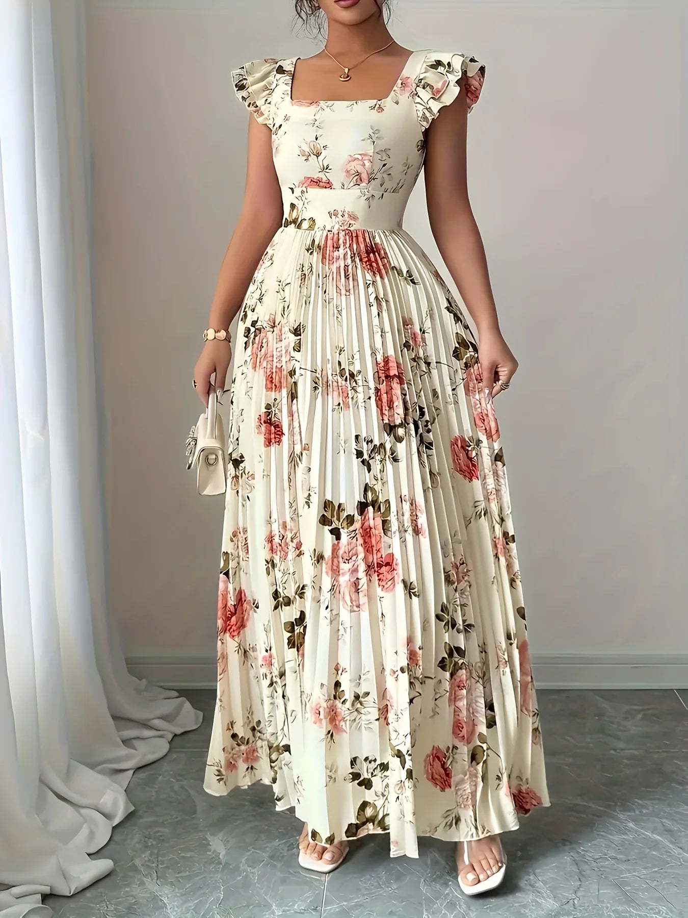 Elegant Beige Floral Pleated Midi Dress with Ruffle Square Neck and