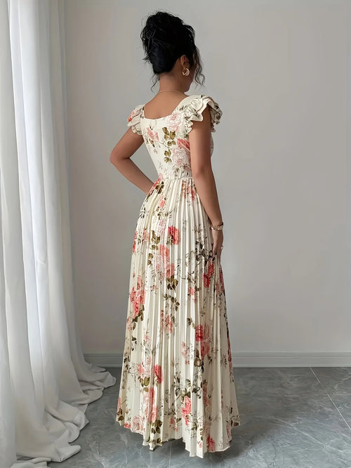 Elegant Beige Floral Pleated Midi Dress with Ruffle Square Neck and