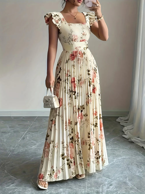 Elegant Beige Floral Pleated Midi Dress with Ruffle Square Neck and