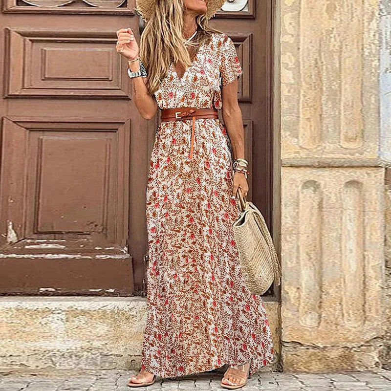Elegant Floral Pleated H shaped Midi Dress Female V Neck Puff Sleeve