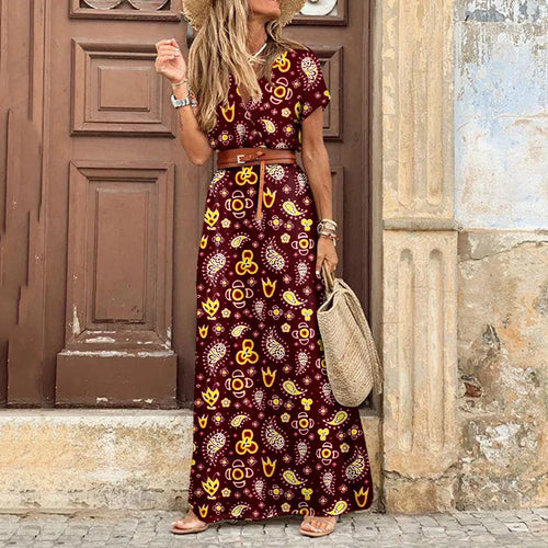 Elegant Floral Pleated H shaped Midi Dress Female V Neck Puff Sleeve