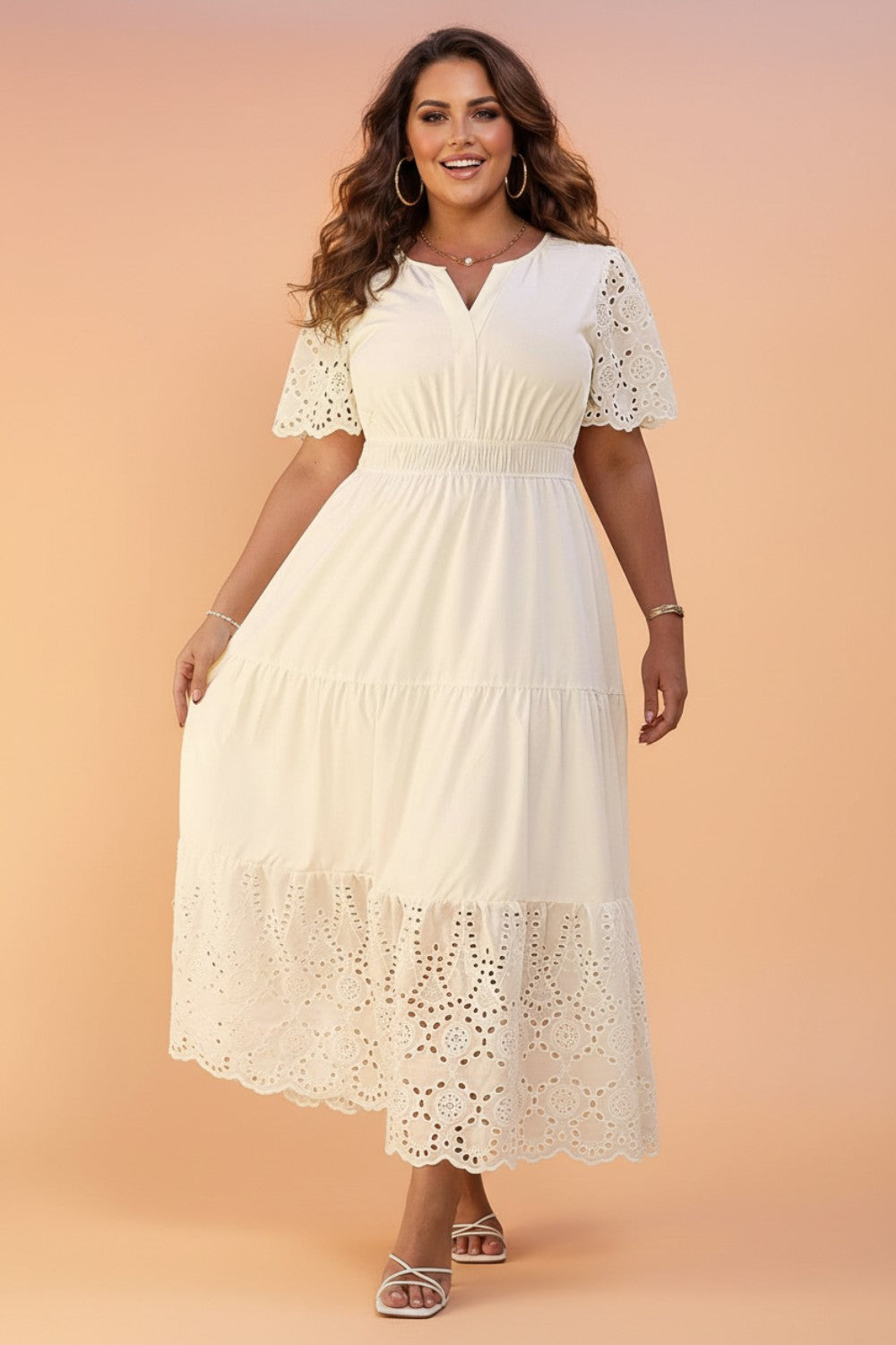 Plus Size Embroidered Eyelet Patchwork V-Neck Maxi Dress